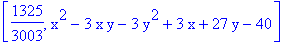 [1325/3003, x^2-3*x*y-3*y^2+3*x+27*y-40]